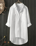 Women's White Linen Button-Up Blouse with Long Sleeves 1