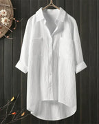 Women's White Linen Button-Up Blouse with Long Sleeves 1
