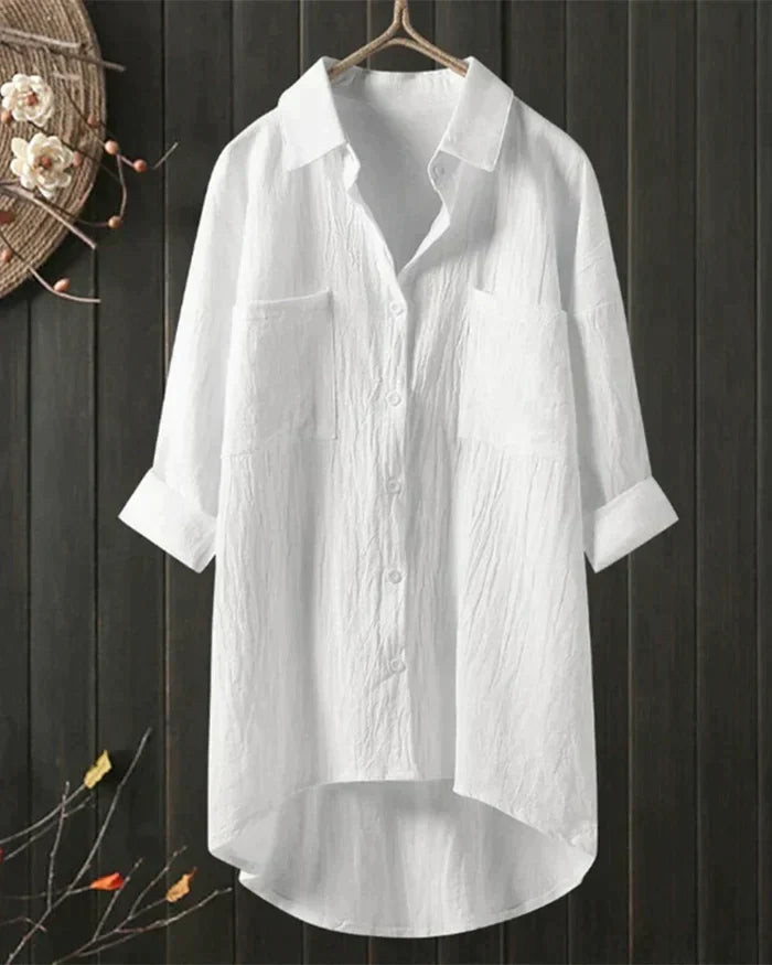 Women's White Linen Button-Up Blouse with Long Sleeves 1