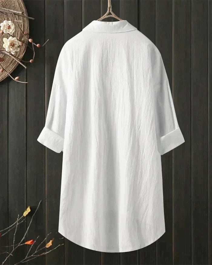 Women's White Linen Button-Up Blouse with Long Sleeves 2
