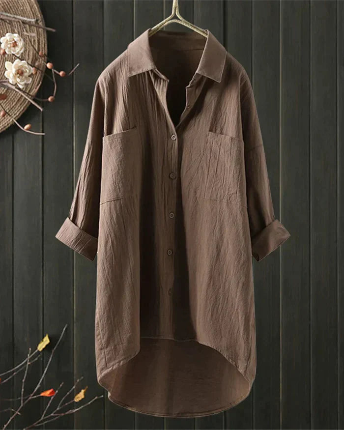 Women's White Linen Button-Up Blouse with Long Sleeves 4