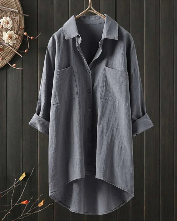 Women's White Linen Button-Up Blouse with Long Sleeves 5