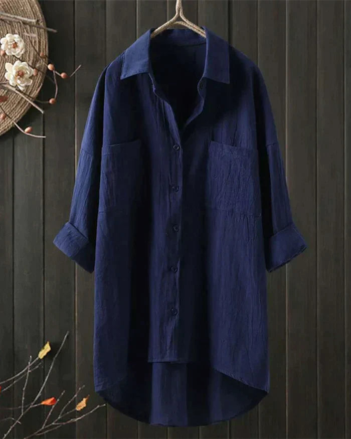 Women's White Linen Button-Up Blouse with Long Sleeves 7