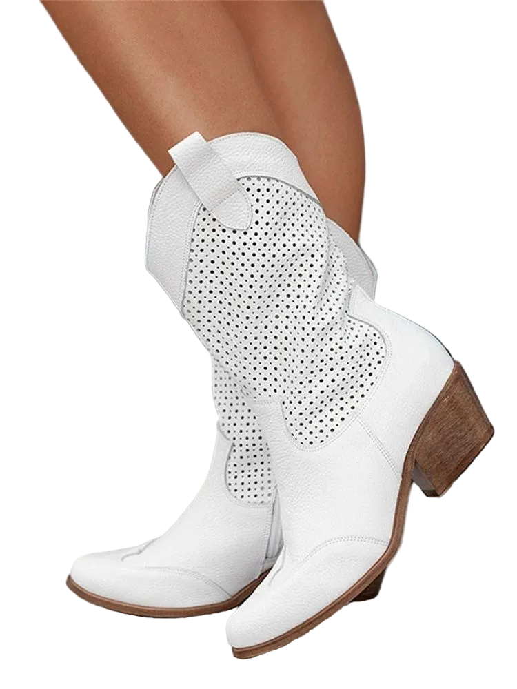 Women's White Perforated Block Heel Cowboy Boots with Pointed Toe 1