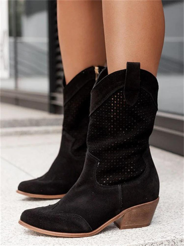 Women's White Perforated Block Heel Cowboy Boots with Pointed Toe 4