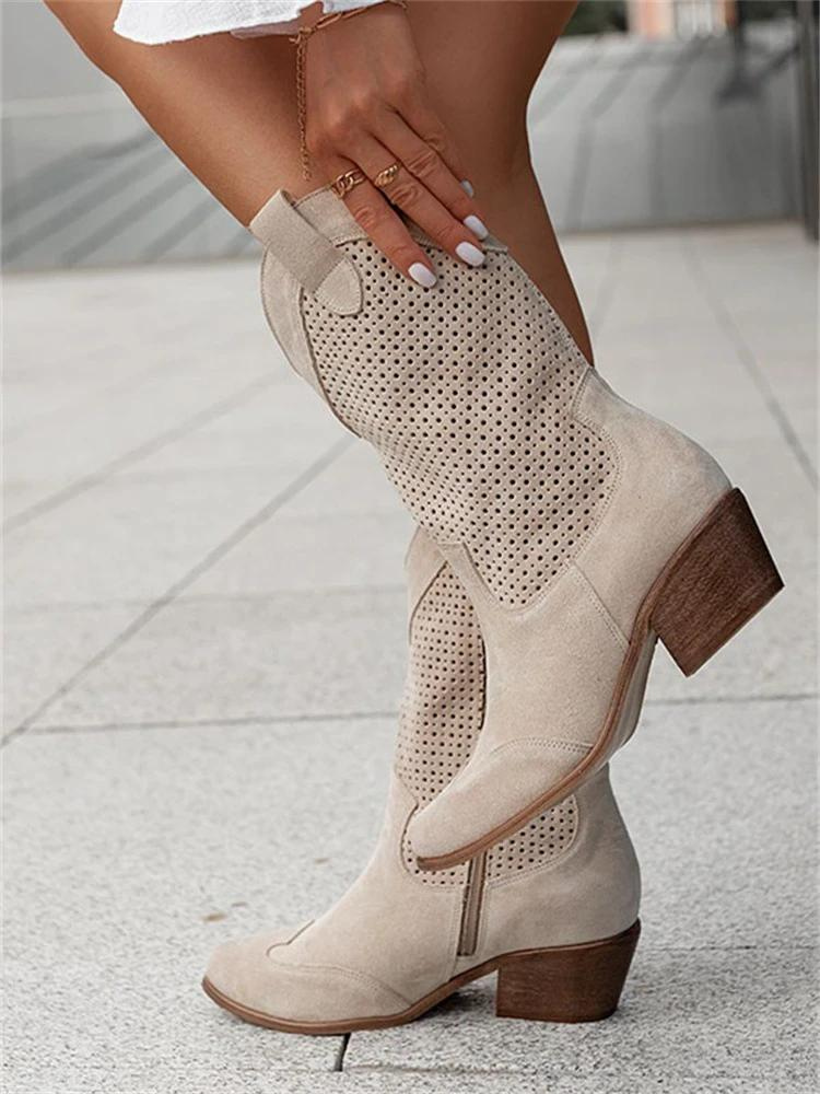 Women's White Perforated Block Heel Cowboy Boots with Pointed Toe 5