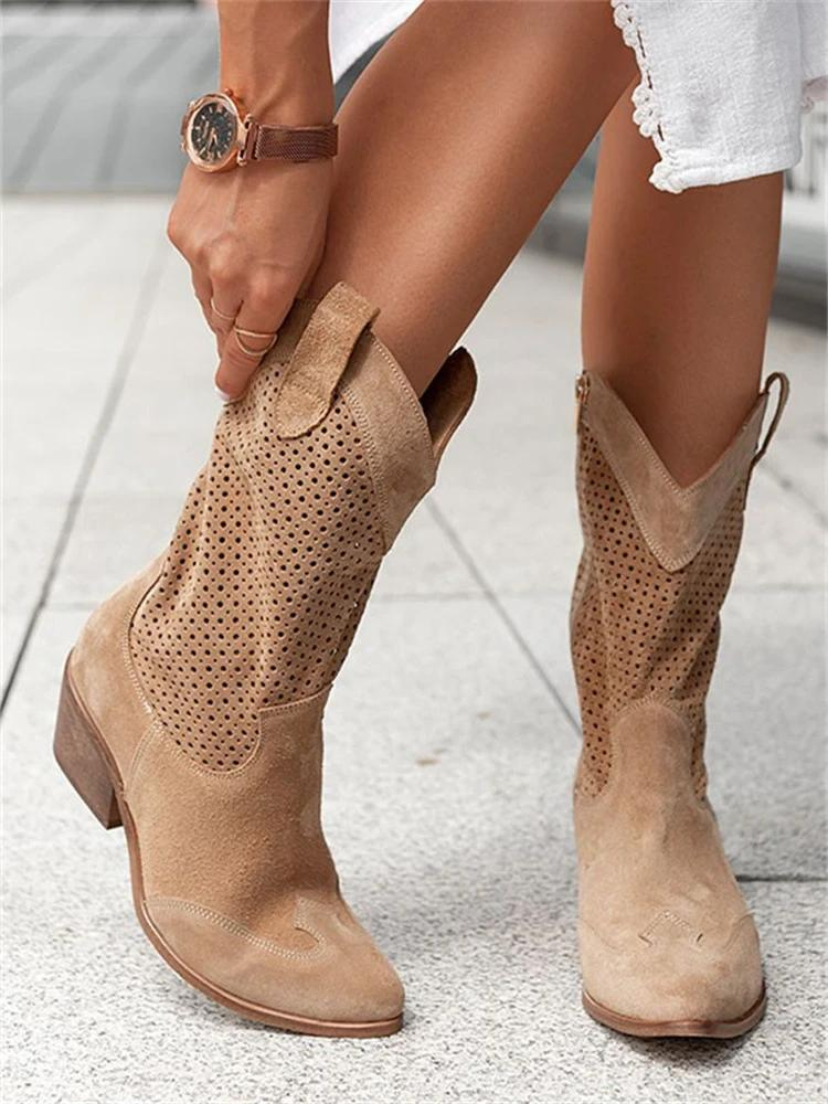 Women's White Perforated Block Heel Cowboy Boots with Pointed Toe 6