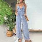 Women's Wide-Leg Denim Jumpsuit with Smocked Waist and V-Neck 1