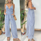 Women's Wide-Leg Denim Jumpsuit with Smocked Waist and V-Neck 6