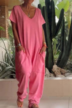 Women's Wide-Leg V-Neck Jumpsuit with Side Pockets 1