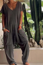 Women's Wide-Leg V-Neck Jumpsuit with Side Pockets 2