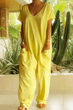 Women's Wide-Leg V-Neck Jumpsuit with Side Pockets 3