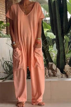 Women's Wide-Leg V-Neck Jumpsuit with Side Pockets 4