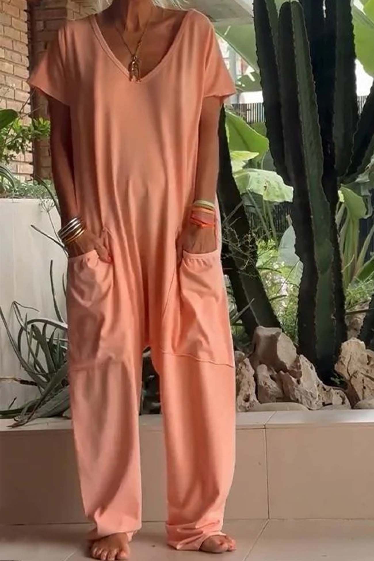 Women's Wide-Leg V-Neck Jumpsuit with Side Pockets 4