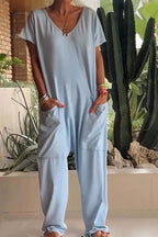 Women's Wide-Leg V-Neck Jumpsuit with Side Pockets 5
