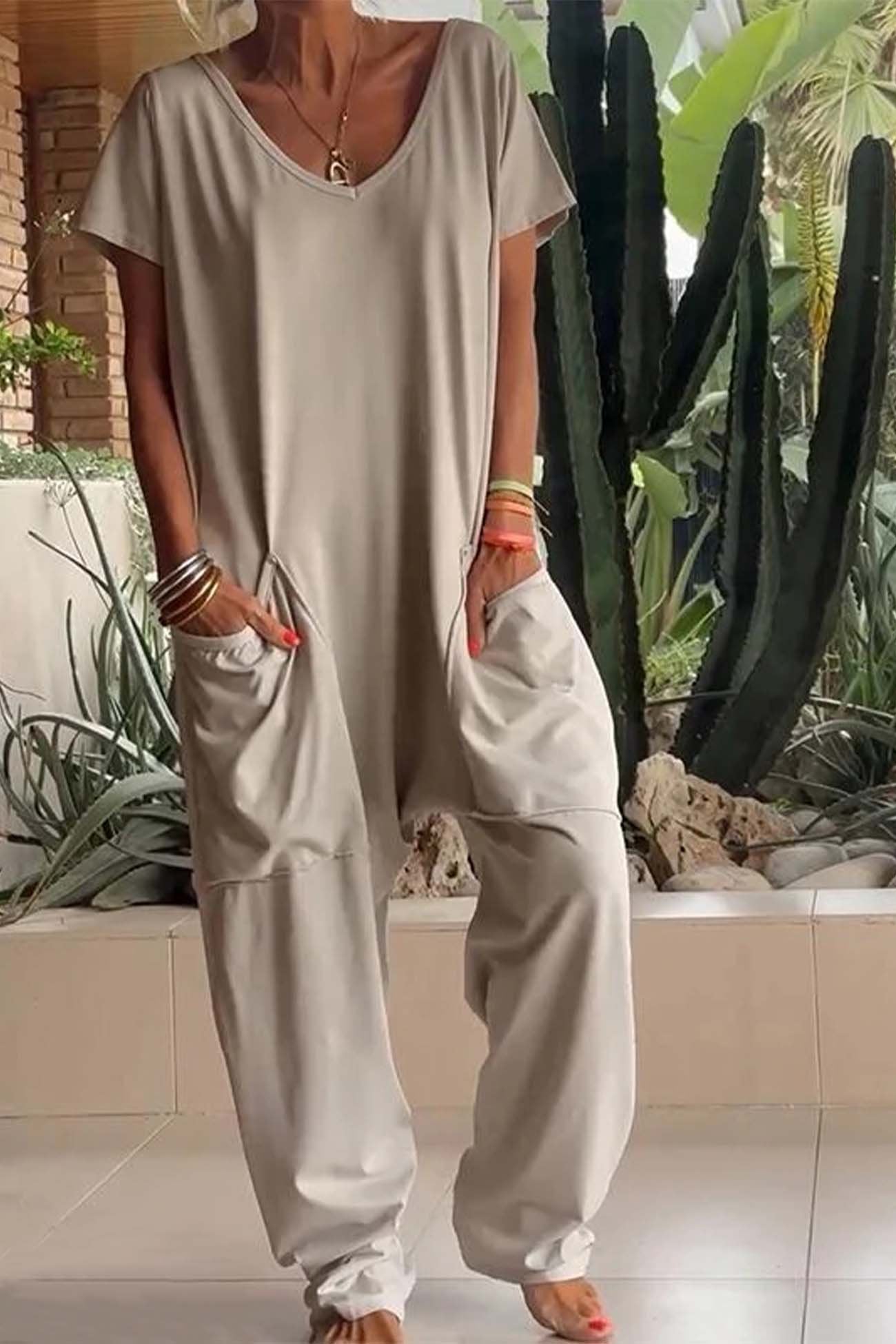 Women's Wide-Leg V-Neck Jumpsuit with Side Pockets 6