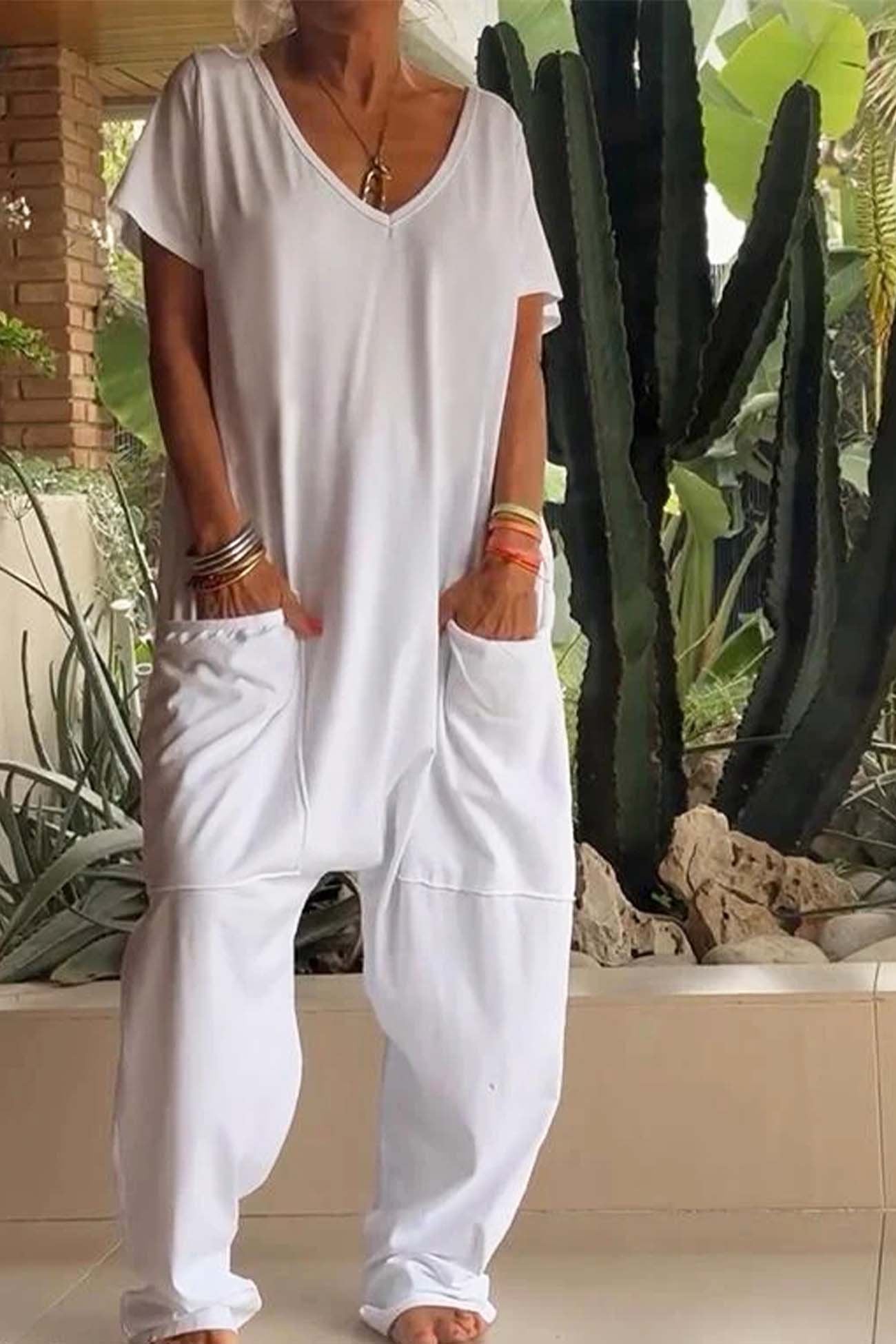 Women's Wide-Leg V-Neck Jumpsuit with Side Pockets 7