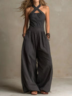 Women's Wide-Leg Wrap Jumpsuit with V-Neckline 1