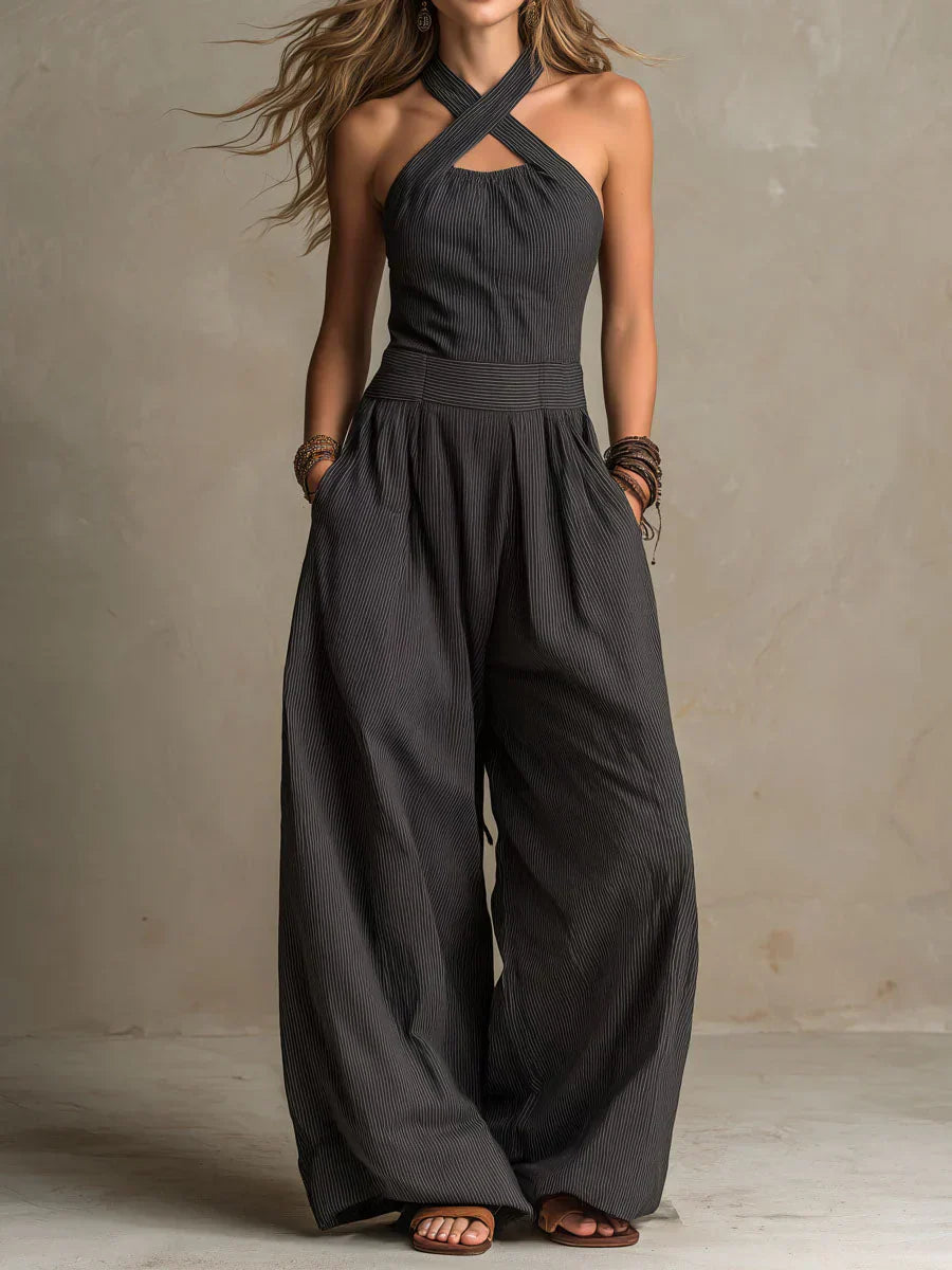 Women's Wide-Leg Wrap Jumpsuit with V-Neckline 1