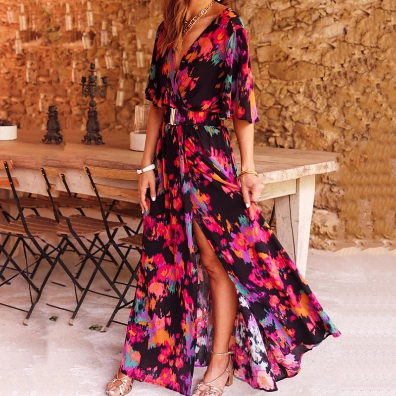 Women's Wrap Maxi Dress with V-Neckline and Tie Waist 2