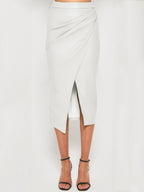 Women's Wrapped Midi Skirt with Front Slit and Draped Side Detail 10