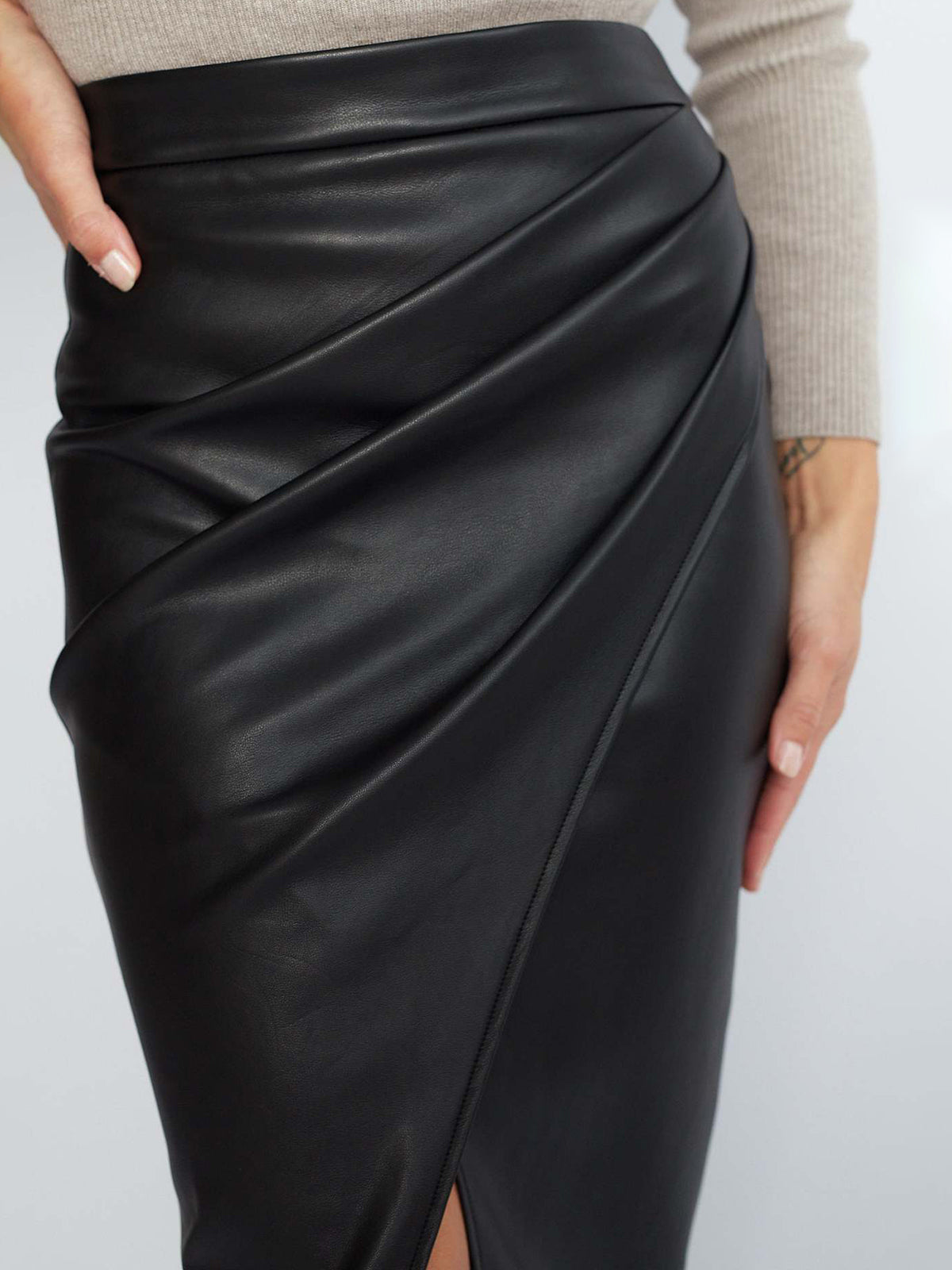 Women's Wrapped Midi Skirt with Front Slit and Draped Side Detail 2