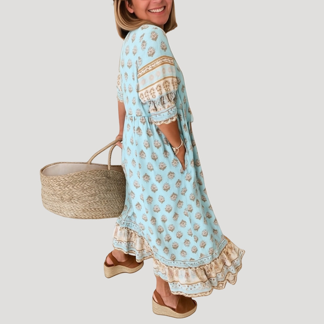 Women’s 3/4 Sleeve Midi Dress with Pockets and Tiered Hem 1