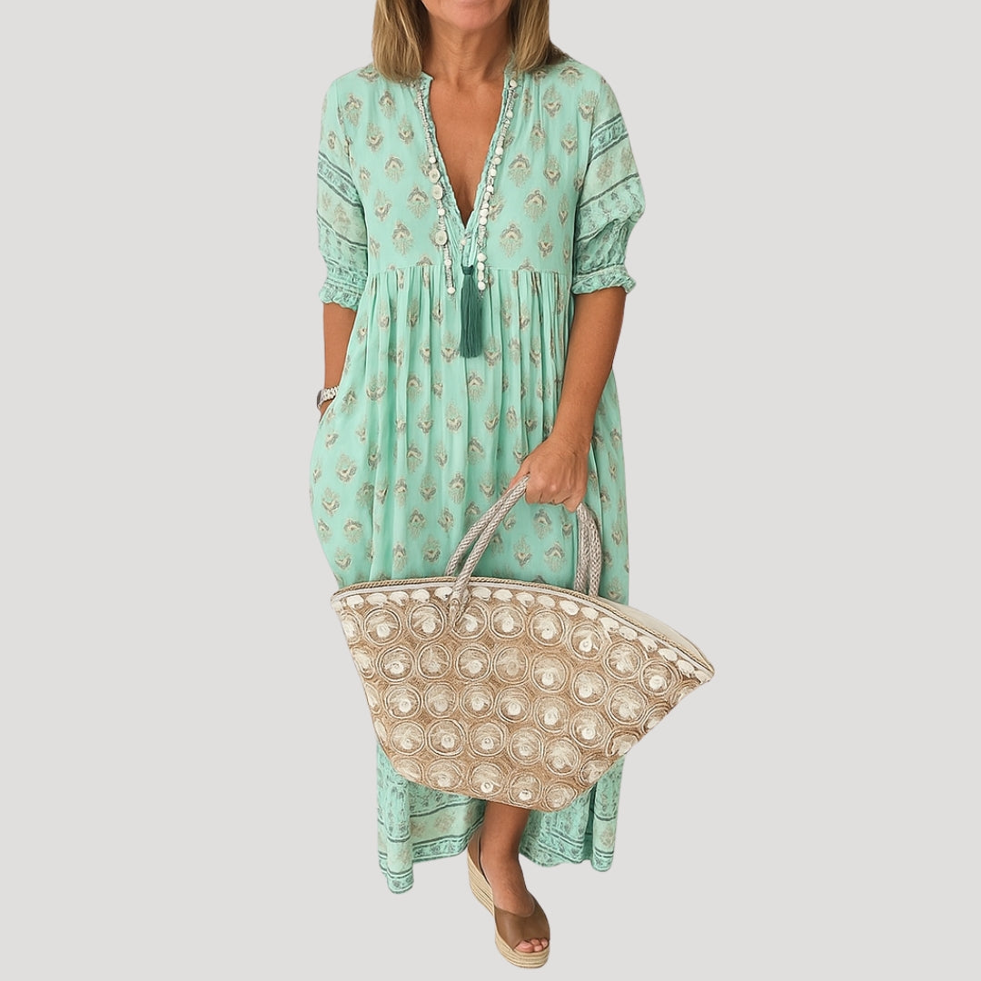 Women’s 3/4 Sleeve Midi Dress with Pockets and Tiered Hem 4