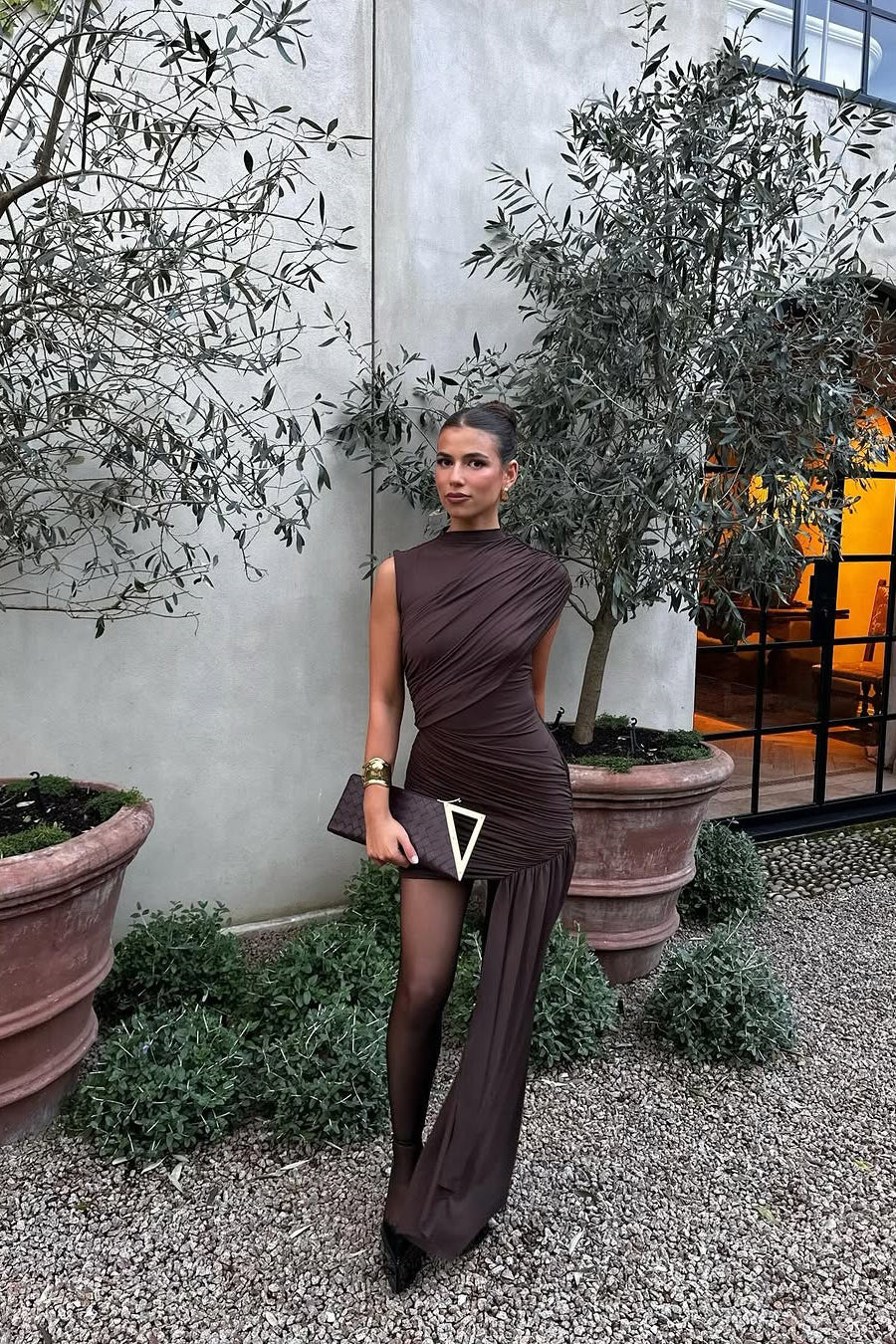 Women’s Asymmetric Ruched Mini Dress in Chocolate Brown 4