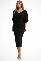 Women’s Batwing Sleeve Black Midi Dress with Draped Neckline 2