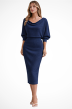Women’s Batwing Sleeve Black Midi Dress with Draped Neckline 5