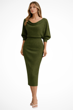 Women’s Batwing Sleeve Black Midi Dress with Draped Neckline 6