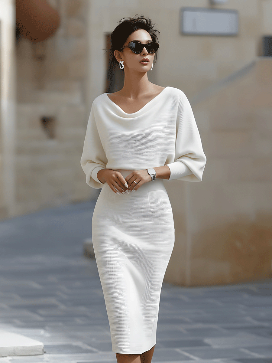 Women’s Batwing Sleeve Black Midi Dress with Draped Neckline 7