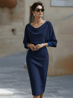 Women’s Batwing Sleeve Black Midi Dress with Draped Neckline 8