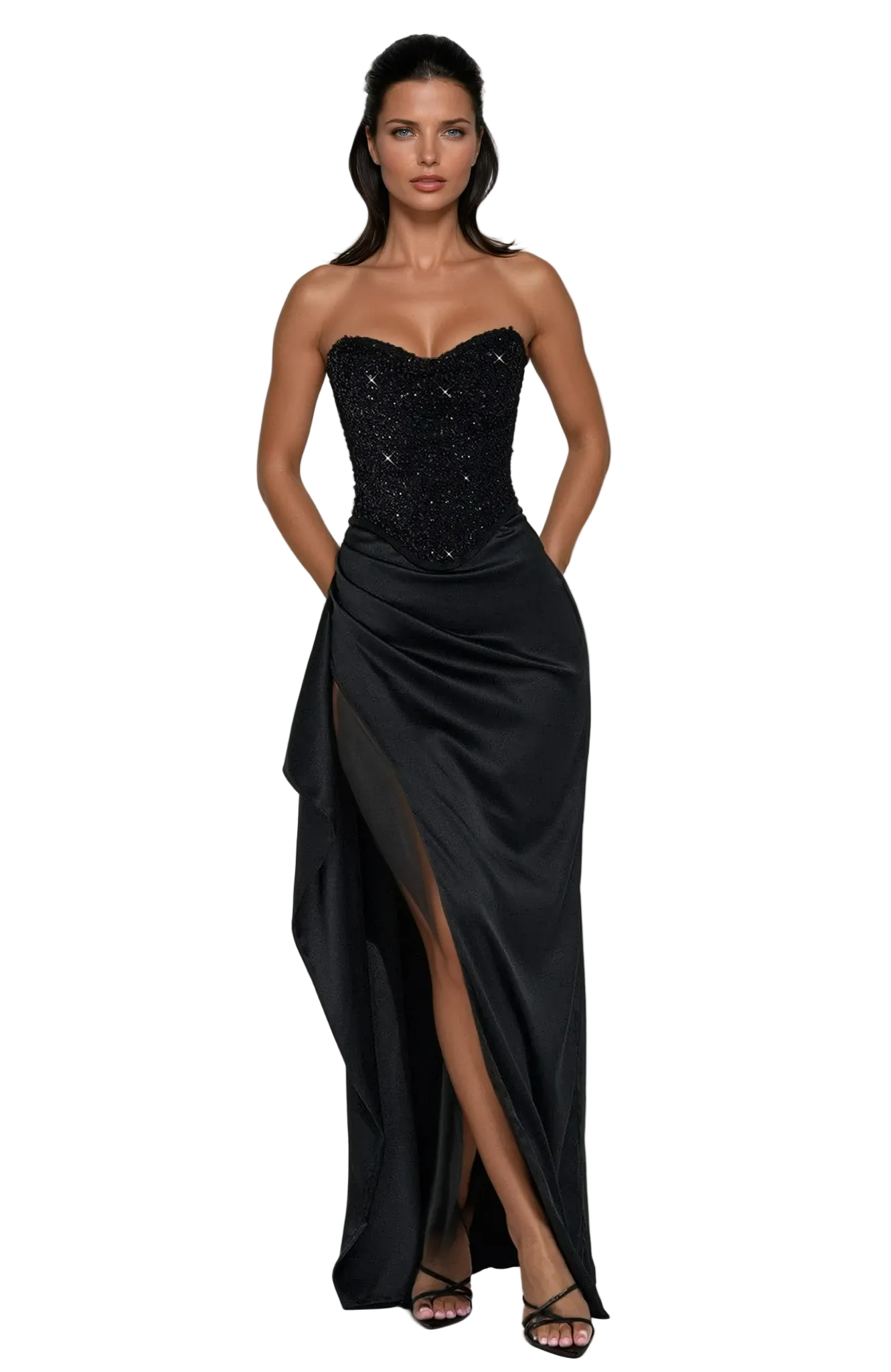 Women’s Beaded Corset Maxi Dress with Tulle Overlay and Thigh-High Split 1