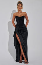 Women’s Beaded Corset Maxi Dress with Tulle Overlay and Thigh-High Split 2