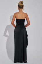 Women’s Beaded Corset Maxi Dress with Tulle Overlay and Thigh-High Split 7