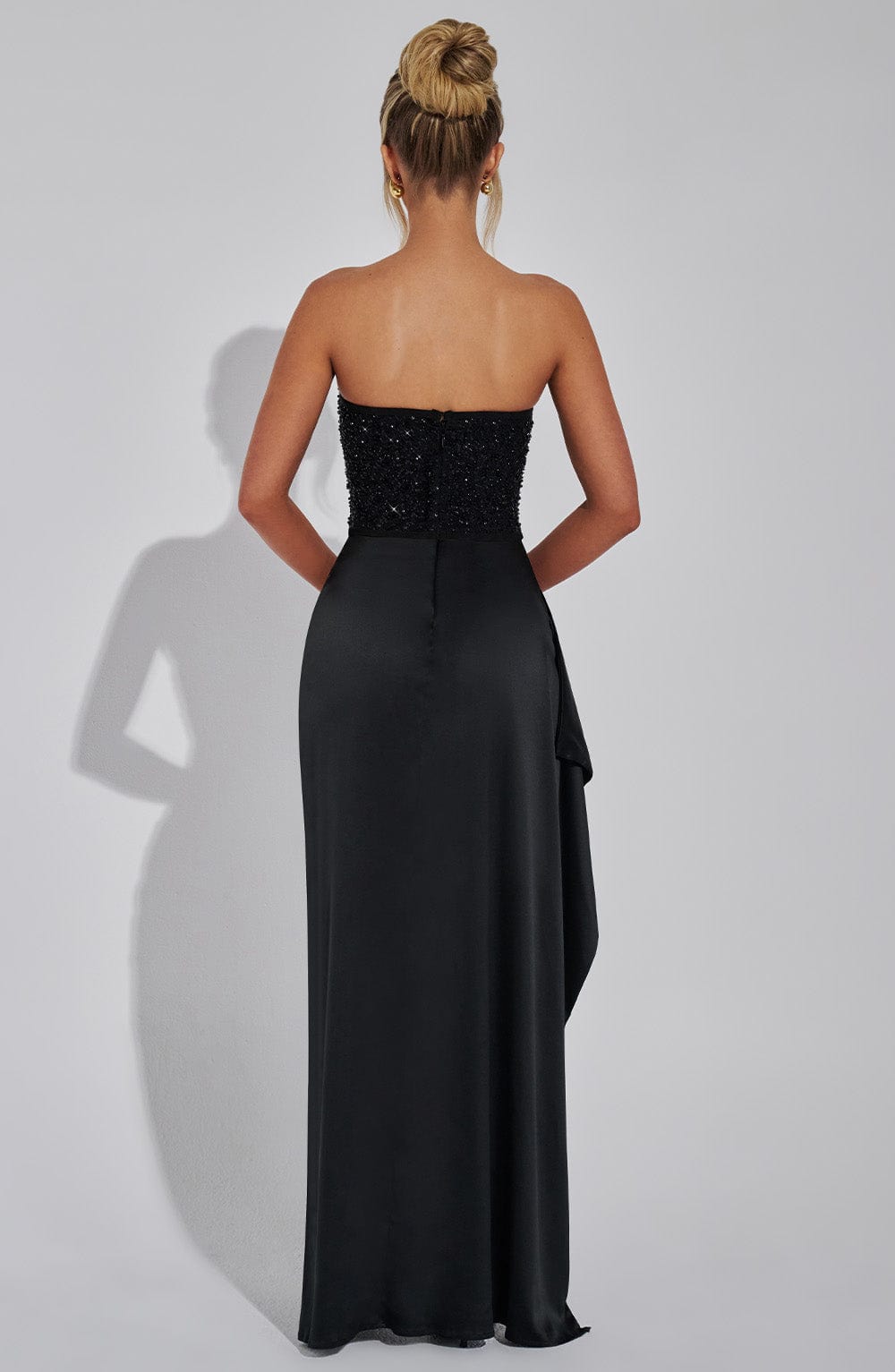 Women’s Beaded Corset Maxi Dress with Tulle Overlay and Thigh-High Split 7