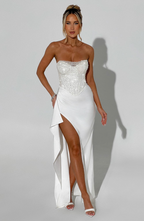 Women’s Beaded Corset Maxi Dress with Tulle Overlay and Thigh-High Split 9
