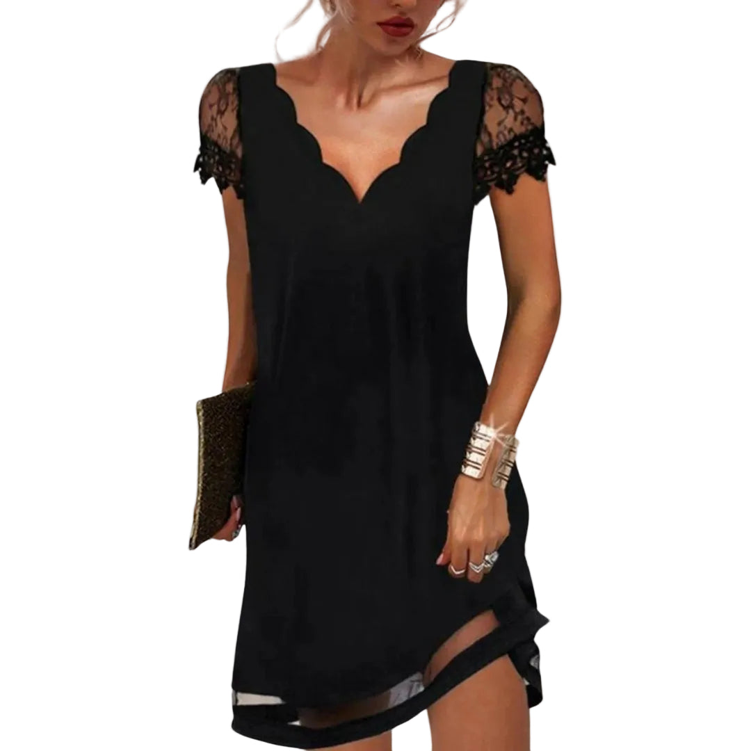Women’s Black Lace Short Sleeve Dress with Scalloped Neckline and Sheer Hemline 0