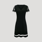 Women’s Black Lace Short Sleeve Dress with Scalloped Neckline and Sheer Hemline 2