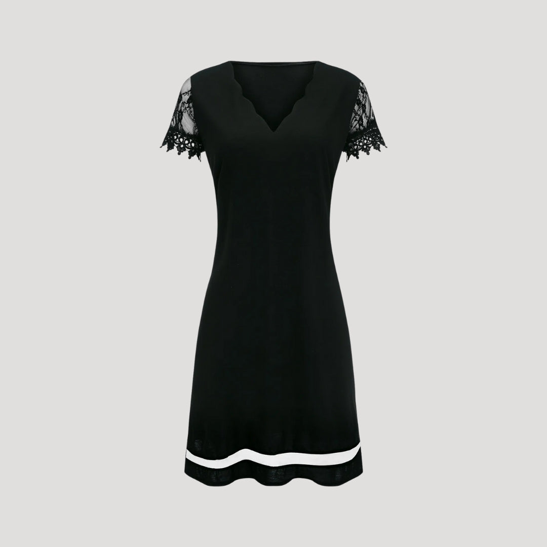 Women’s Black Lace Short Sleeve Dress with Scalloped Neckline and Sheer Hemline 2