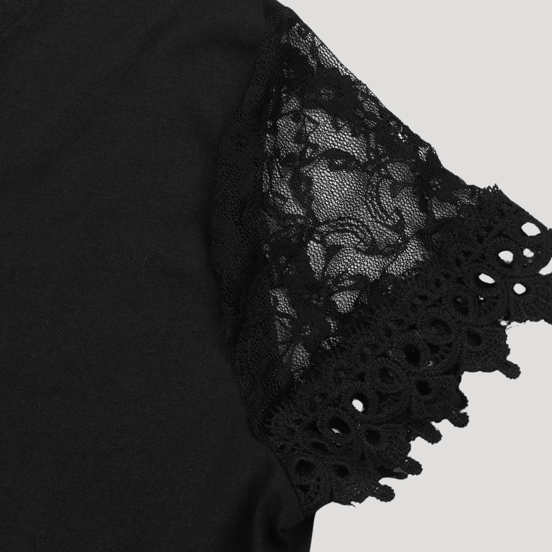Women’s Black Lace Short Sleeve Dress with Scalloped Neckline and Sheer Hemline 4