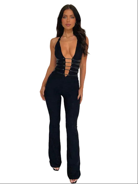 Women’s Bodycon Jumpsuit with Deep V-Neck and Halter Straps 0