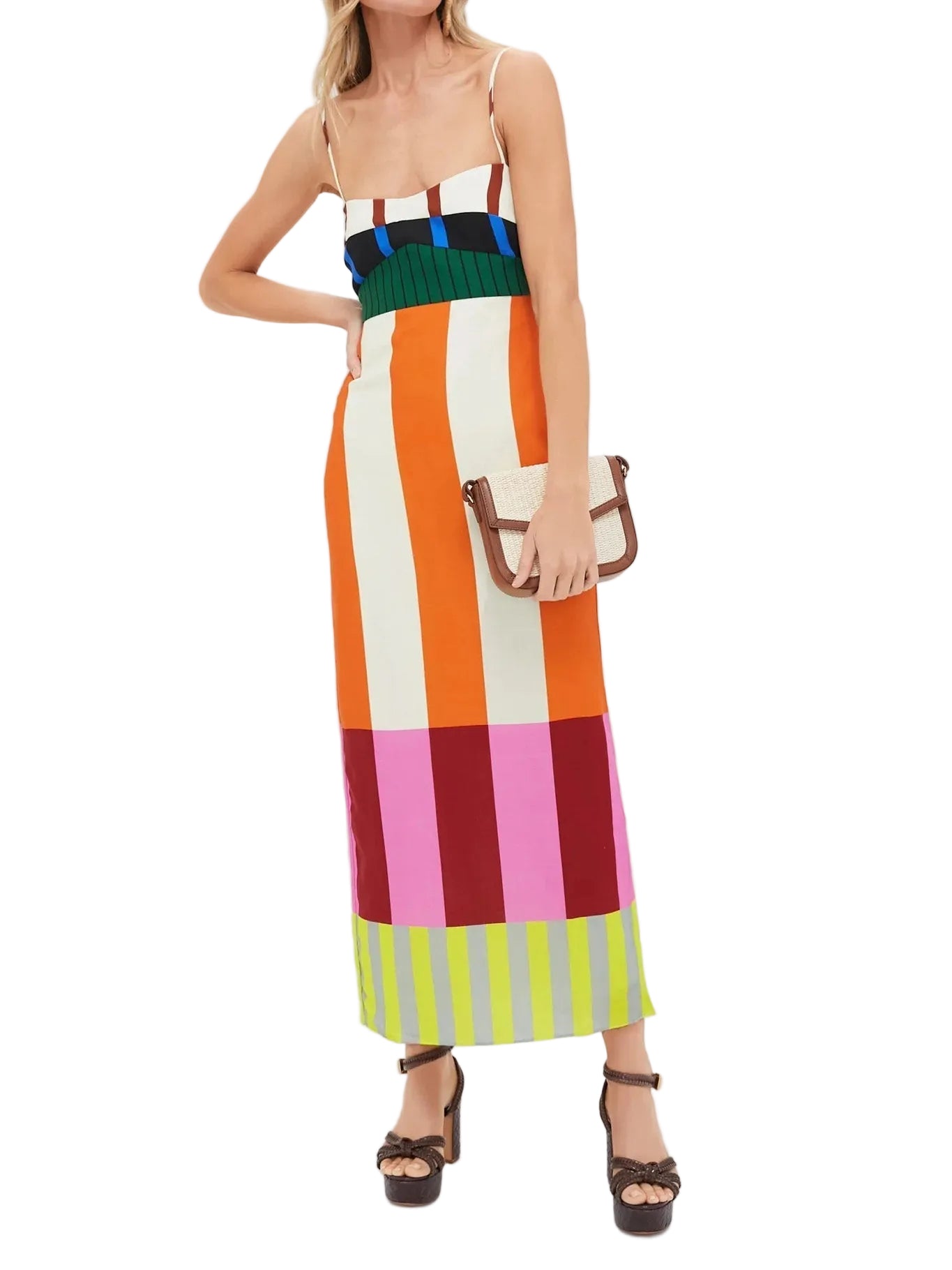 Women’s Color-Blocked Maxi Dress with Vertical Stripes and Empire Waist 0