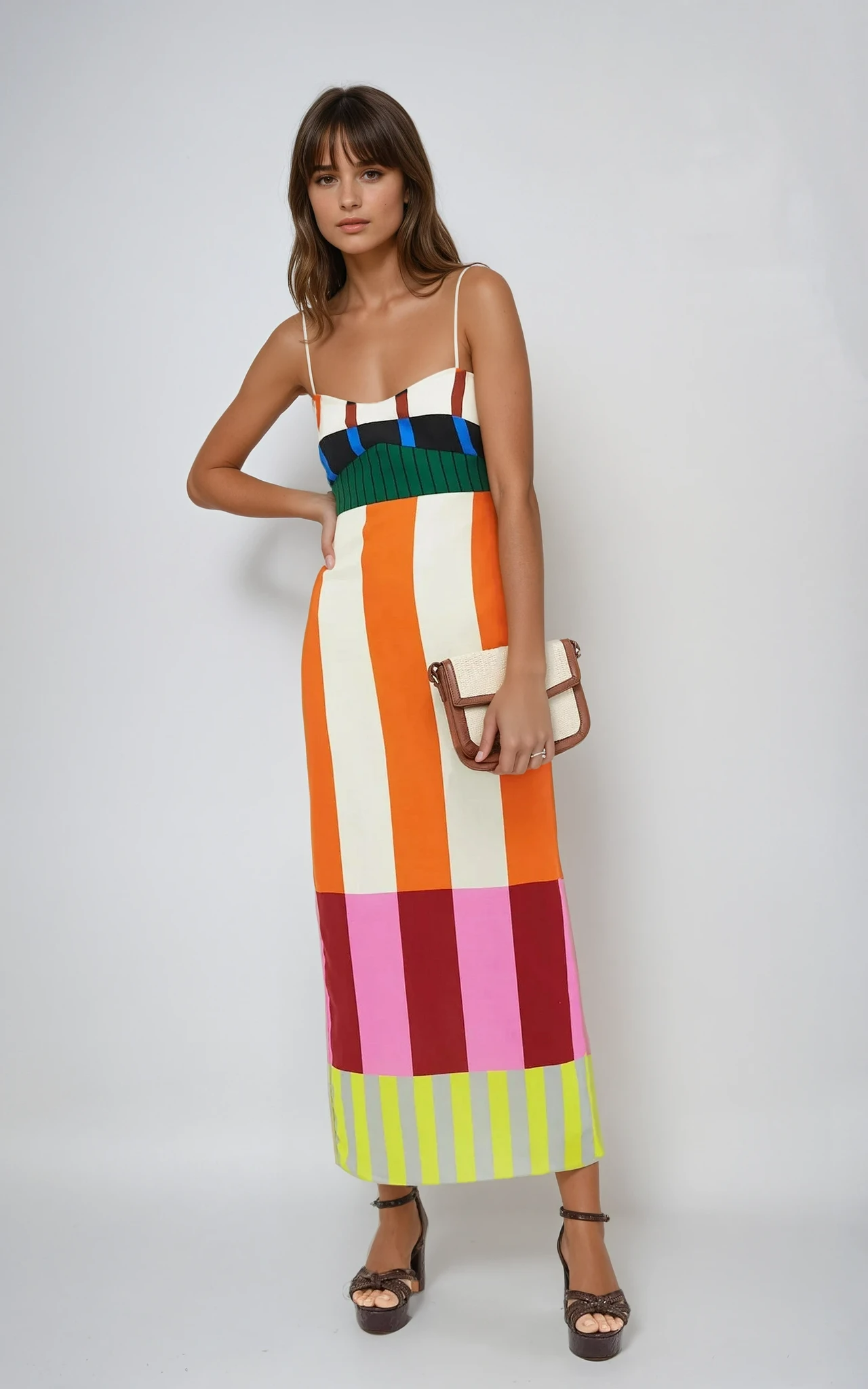 Women’s Color-Blocked Maxi Dress with Vertical Stripes and Empire Waist 1