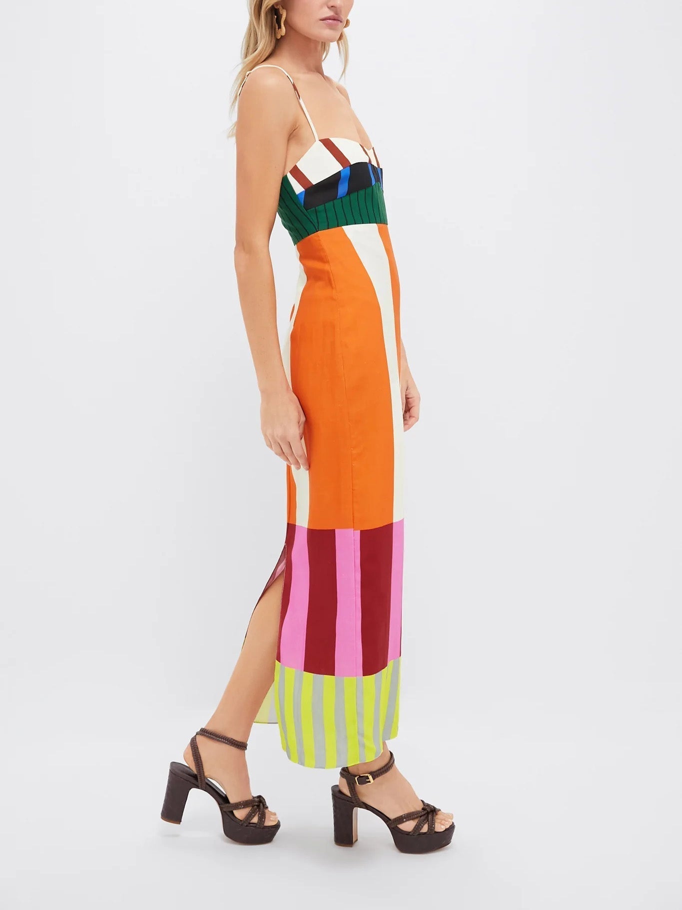 Women’s Color-Blocked Maxi Dress with Vertical Stripes and Empire Waist 3