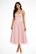Women’s Corset Bodice A-Line Midi Dress with Slim Shoulder Straps 0
