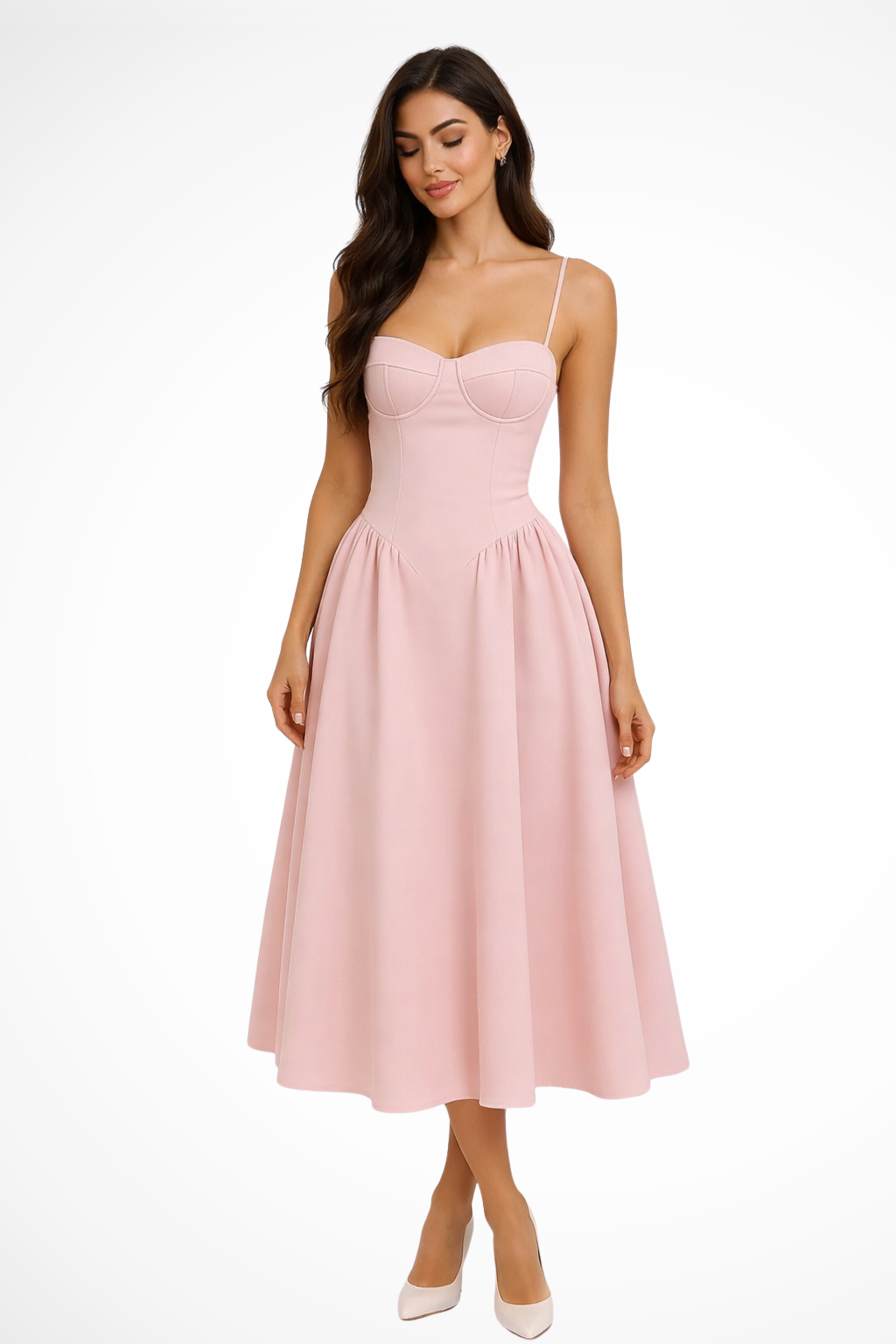 Women’s Corset Bodice A-Line Midi Dress with Slim Shoulder Straps 0