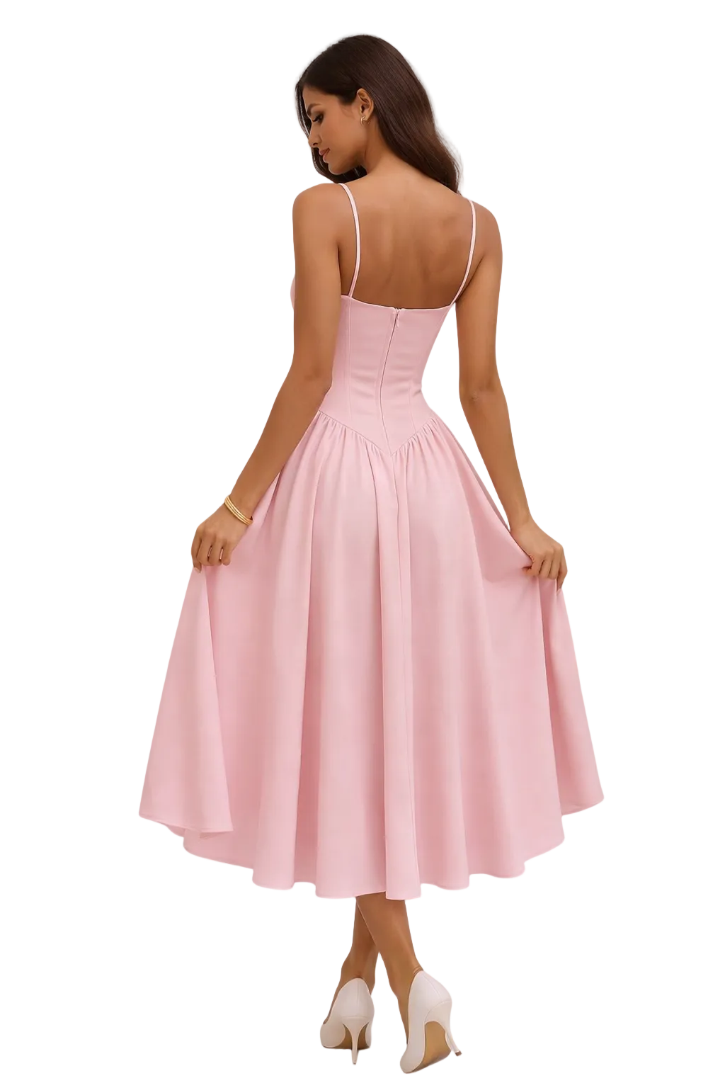 Women’s Corset Bodice A-Line Midi Dress with Slim Shoulder Straps 1